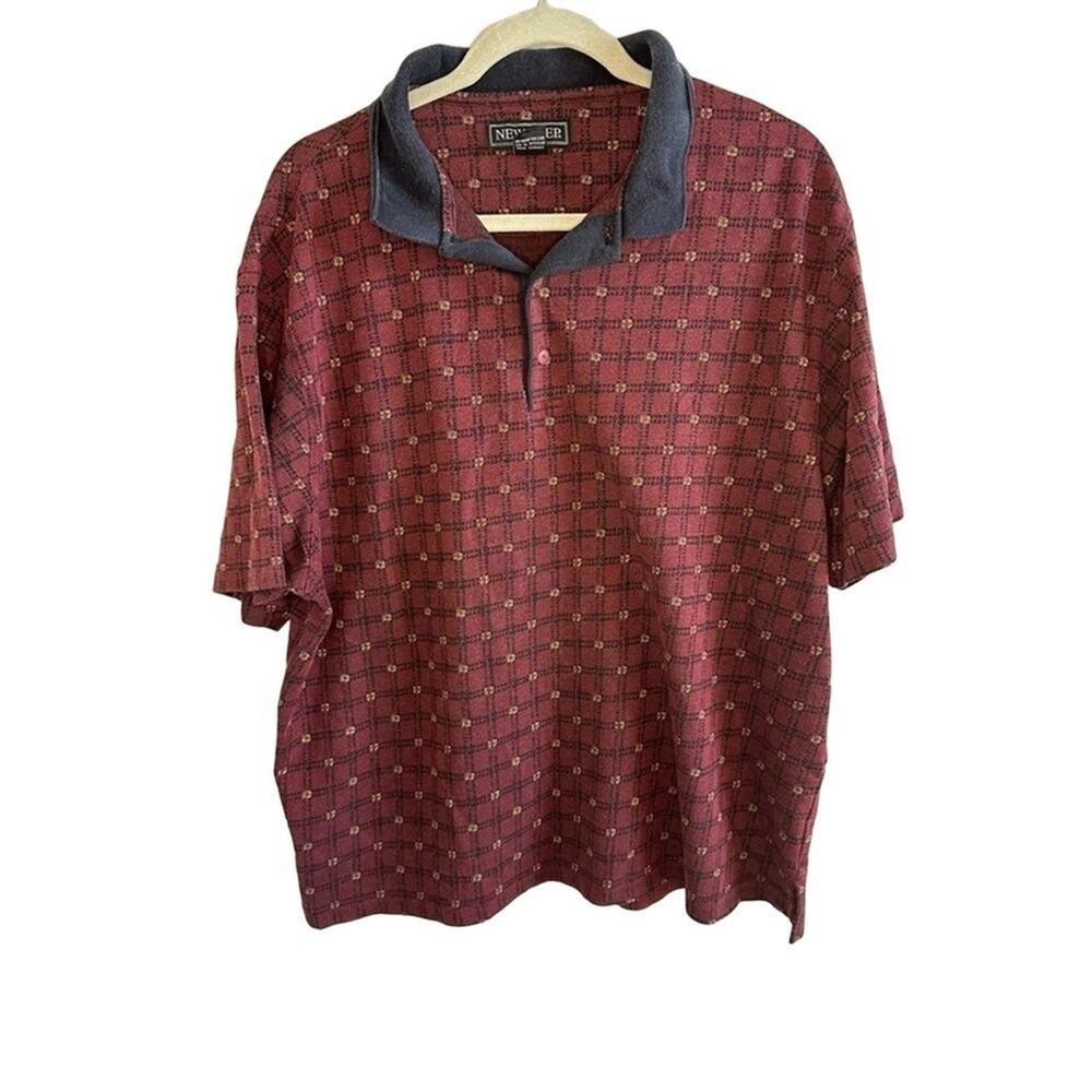 New Step Mens Large Red Black Yellow Checkered Print Short Sleeve Collared Top